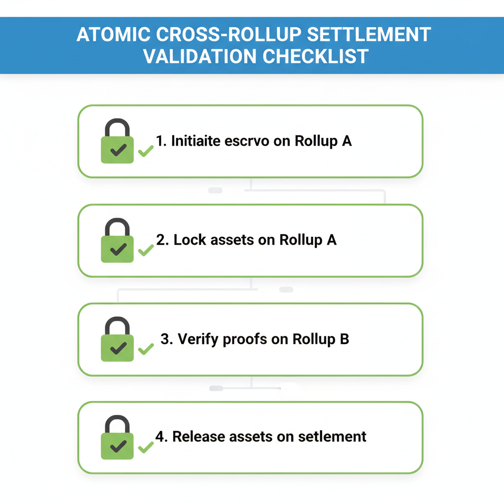 validation checklist for atomic cross-rollup settlement, secure lock icons and green checks