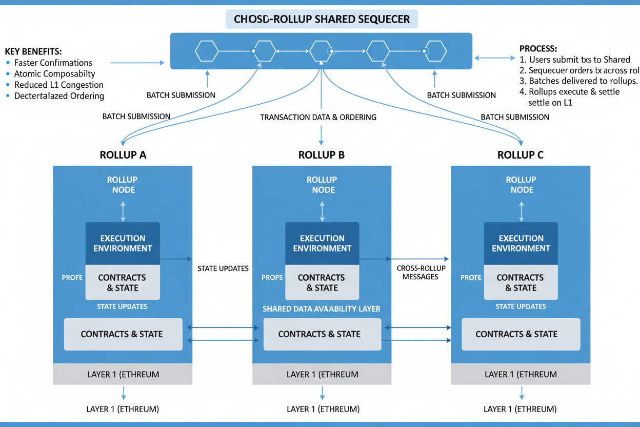 Diagram of cross-rollup sequencing architecture showing multiple Ethereum rollups connected via a shared sequencer layer for MEV minimization and composability in 2026