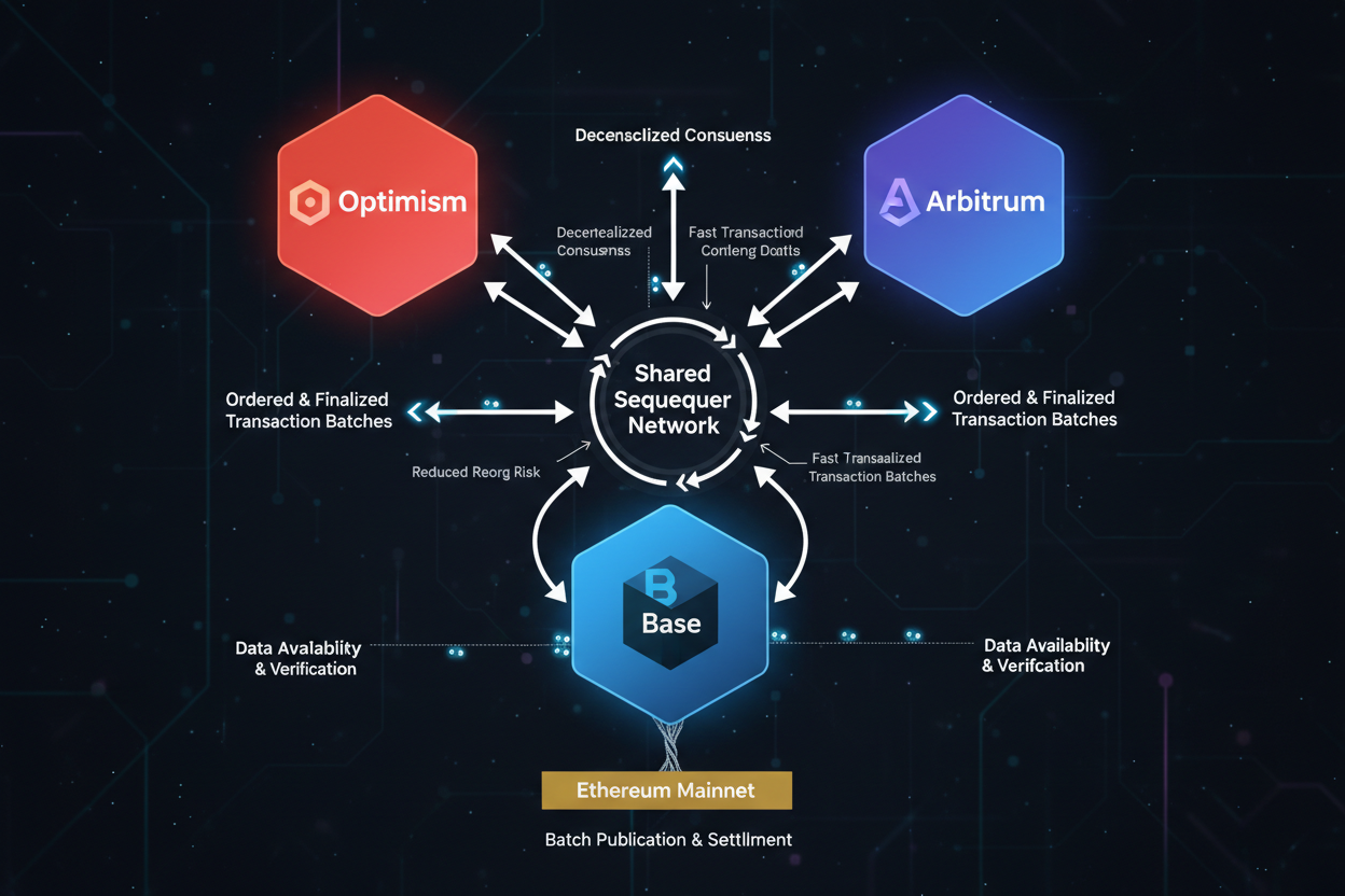 Diagram of shared sequencer network linking Ethereum rollups like Optimism, Arbitrum, and Base to cut latency by 50%, illustrating cross-rollup sequencing for reduced MEV and improved interoperability