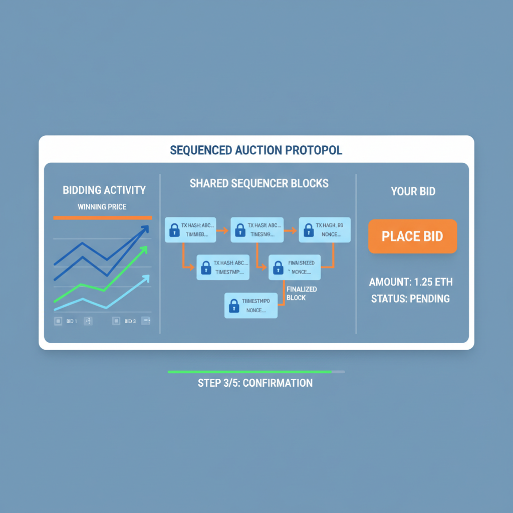 high-tech auction interface with bidding graphs and shared sequencer blockchain elements