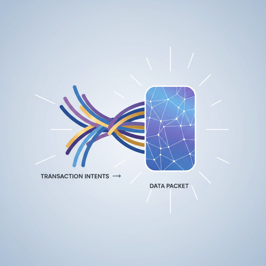 elegant bundle of glowing transaction intents merging into a single sophisticated data packet