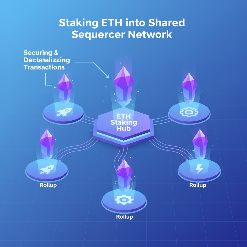 staking eth into shared sequencer network, glowing stakes connecting rollups